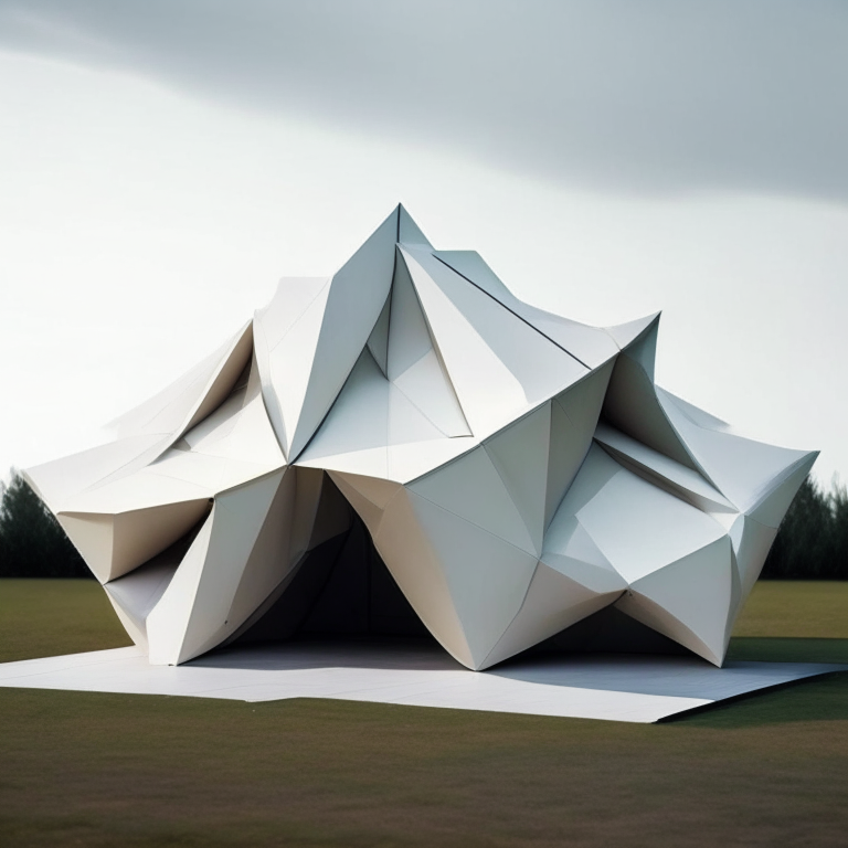 a futuristic origami pavilion with sharp angles and a minimalist design, with 8 tiles