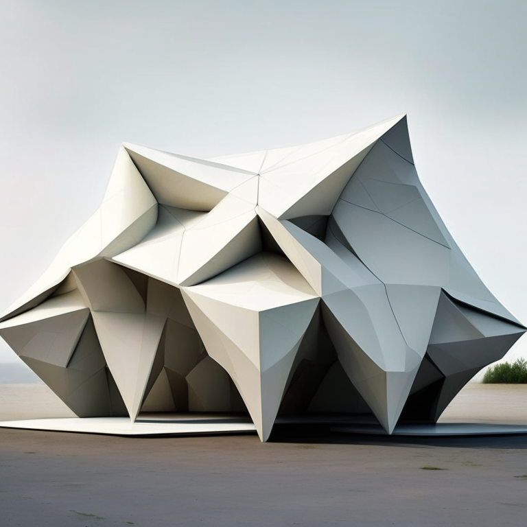 a futuristic origami pavilion with sharp angles and a minimalist design, with 4 tiles