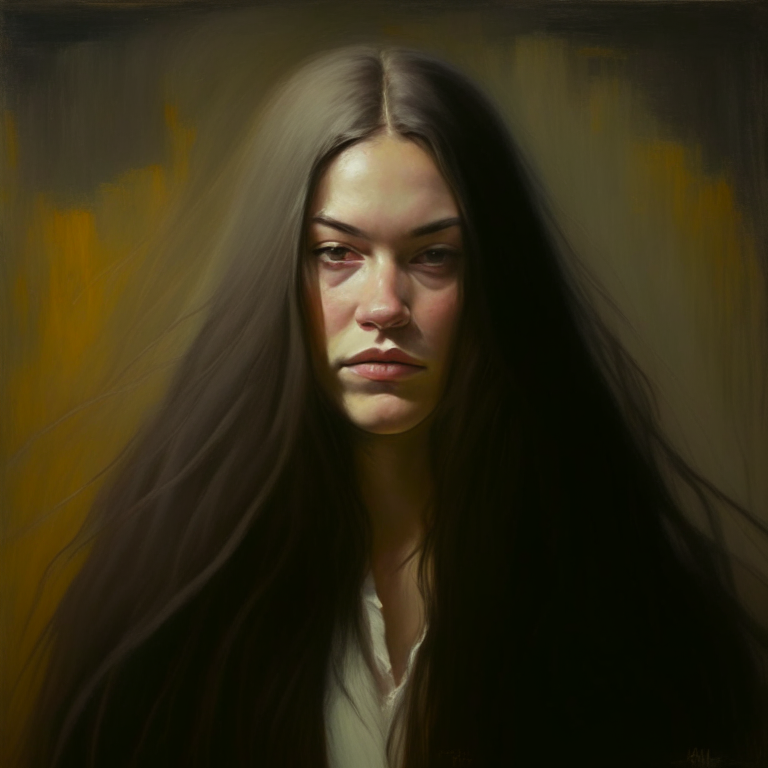 a painting of a woman with long hair and a neutral expression