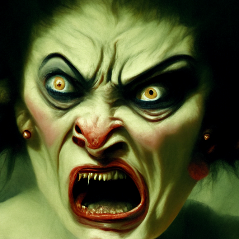 a close up of a painting of a woman with a grotesque expression on her face