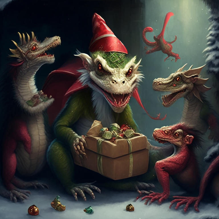 create a square video, adding a title screen on the first image saying 'Dragon Giving Christmas Gifts to Monkeys'