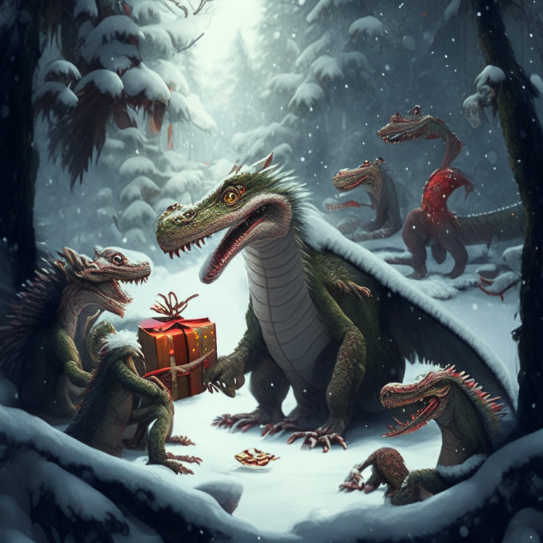 a friendly dragon wearing a Santa hat and giving Christmas presents to a group of monkeys in a snowy forest