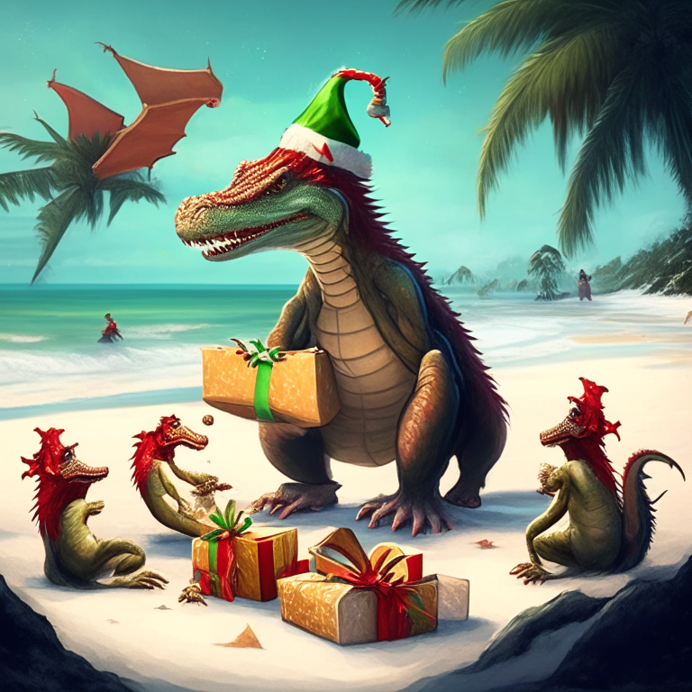 a friendly dragon wearing a Santa hat and giving Christmas presents to a group of monkeys on a tropical beach