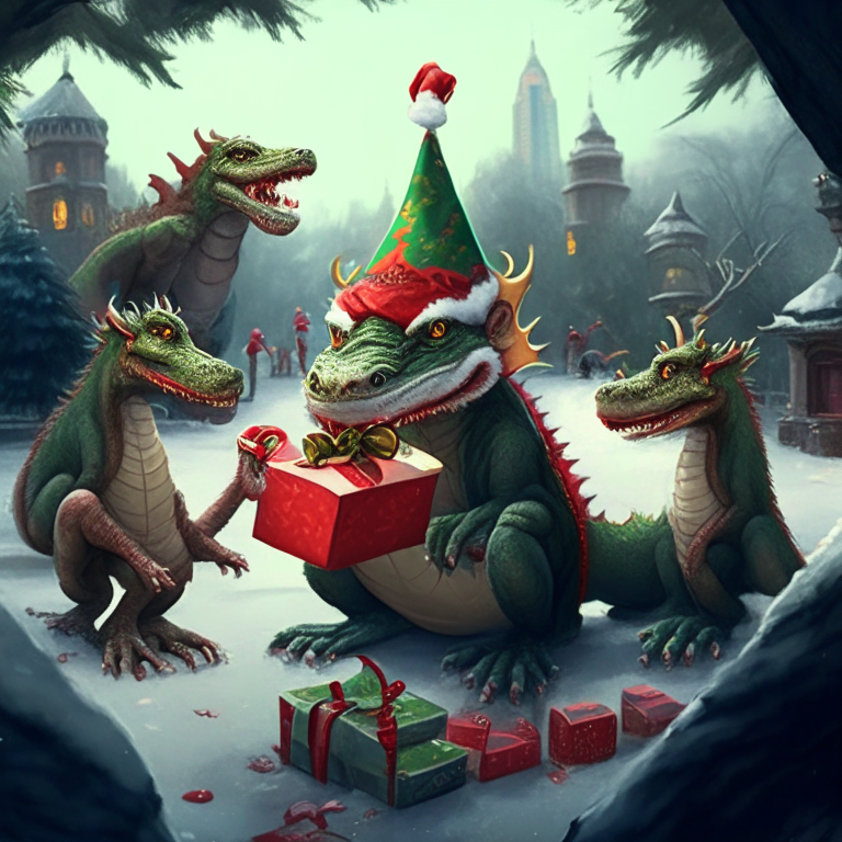 a friendly dragon wearing a Santa hat and giving Christmas presents to a group of monkeys in a city park