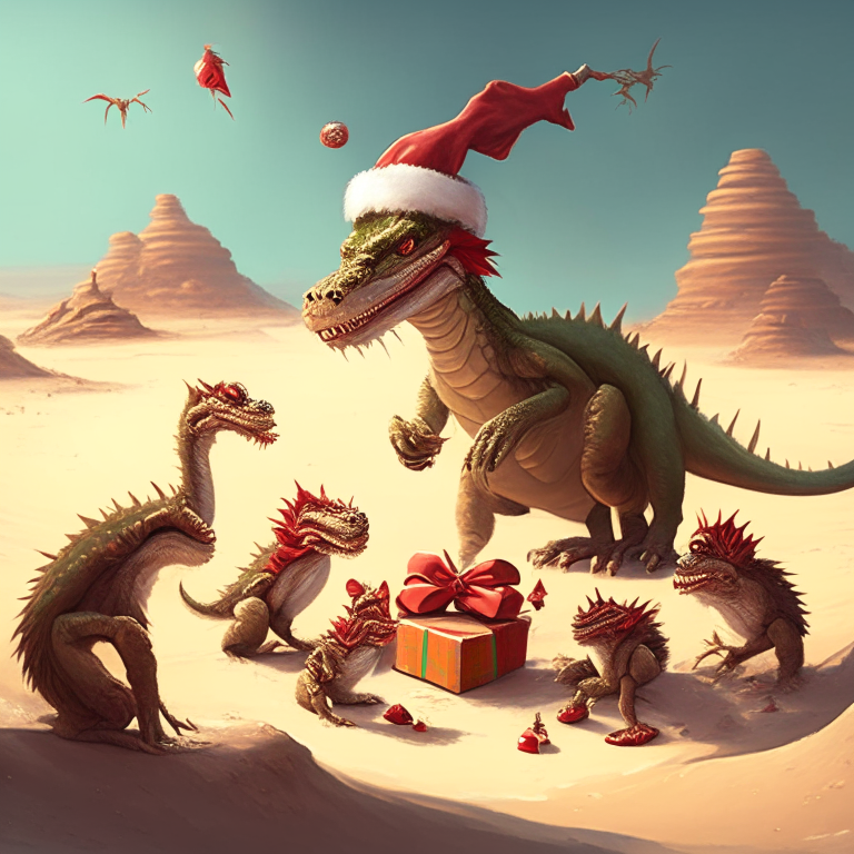 a friendly dragon wearing a Santa hat and giving Christmas presents to a group of monkeys in a desert