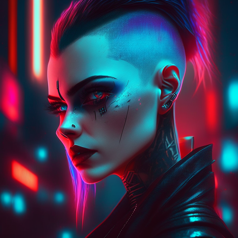 a beautiful pale cyberpunk female with heavy black eyeliner, blue eyes, shaved side haircut, hyper detail, cinematic lighting, magic neon, dark red city