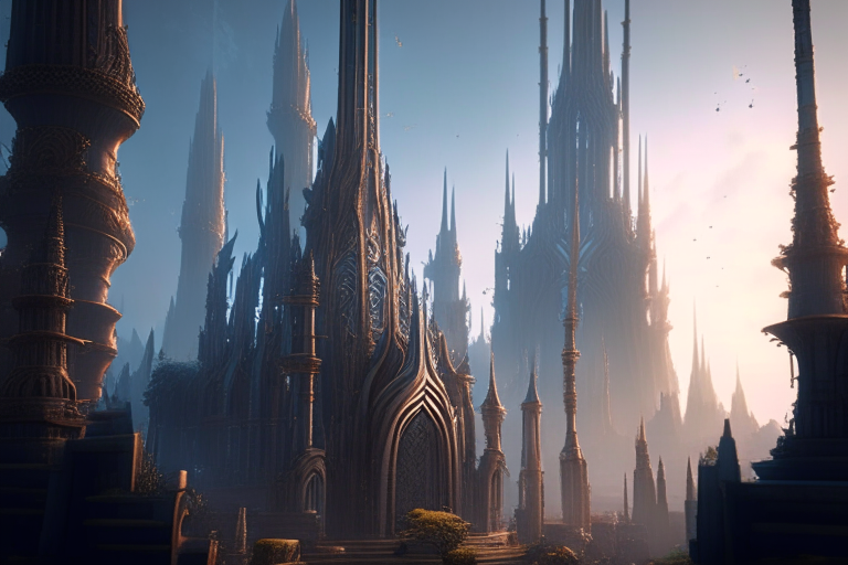 a beautiful, fantasy city made with Unreal Engine, with towering spires, intricate architecture, and a magical atmosphere