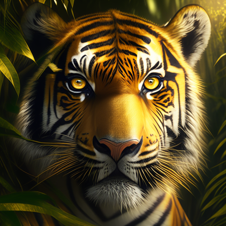 a portrait of a tiger with piercing eyes, set against a lush jungle background with warm golden lighting, photorealistic