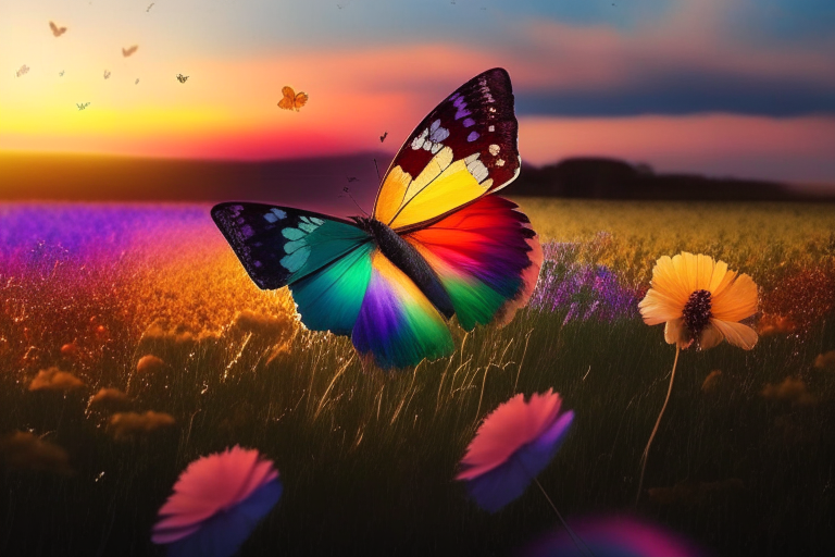 a rainbow-coloured butterfly flying across a field of flowers during a sunset