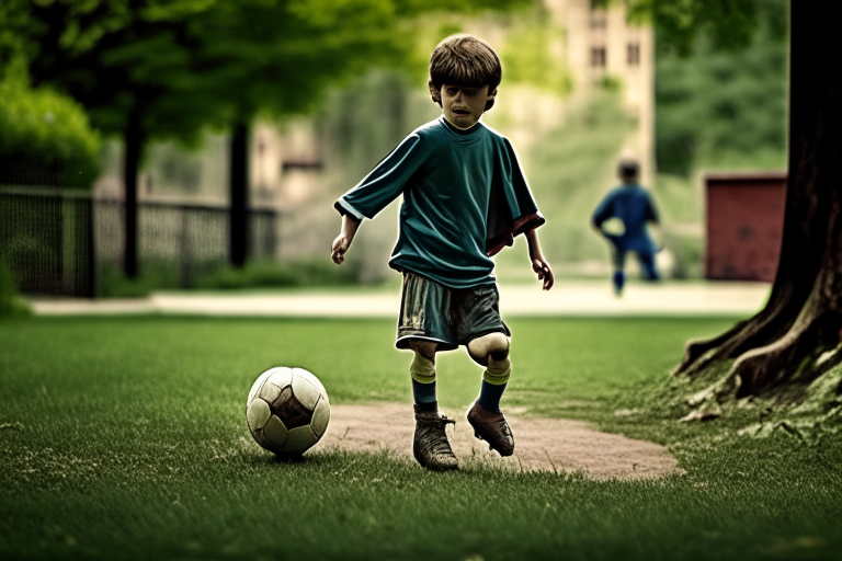 a young boy playing football in an urban park