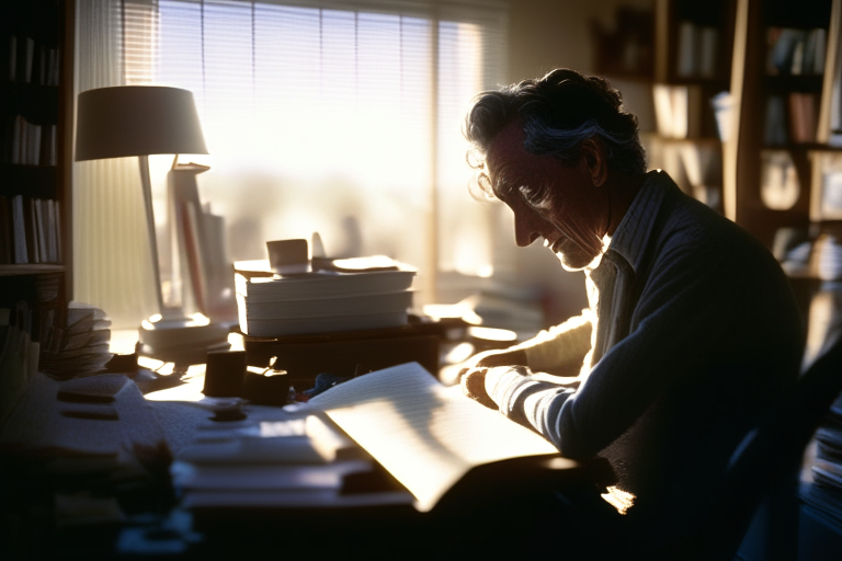 a writer sitting at a desk in a home office, with a blurred backdrop of bookshelves. The image is captured using a Hasselblad camera with an 85mm lens at F 1.2 aperture setting and soft sunlight falling on the subject to capture the subject’s creativity and intelligence.