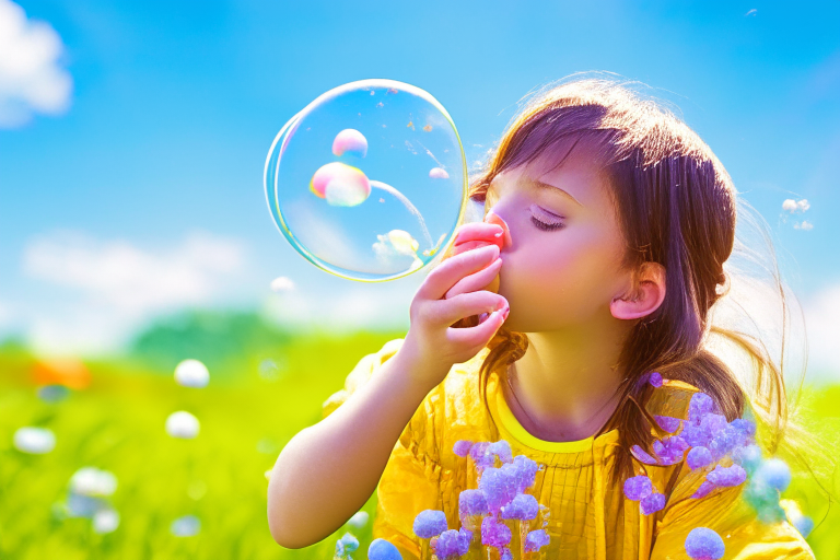 a young girl blowing bubbles in a park, with colorful flowers and a big blue sky in the background. The image is shot from a close-up angle to capture the sense of playfulness and innocence.