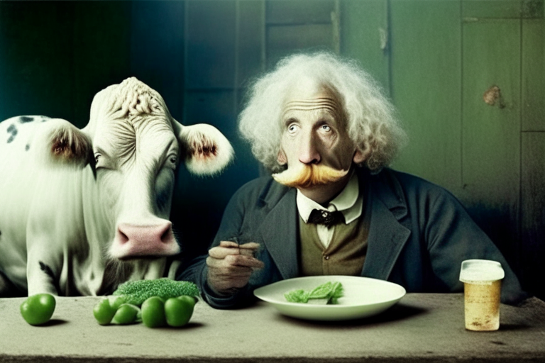 Albert Einstein eating vegetables, with a cow in the background