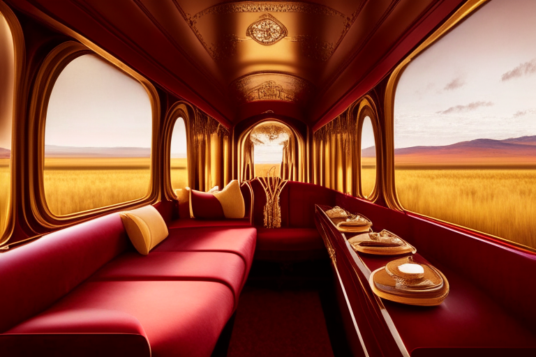 a luxurious train express with golden details, red velvet seats, and a panoramic view of the countryside