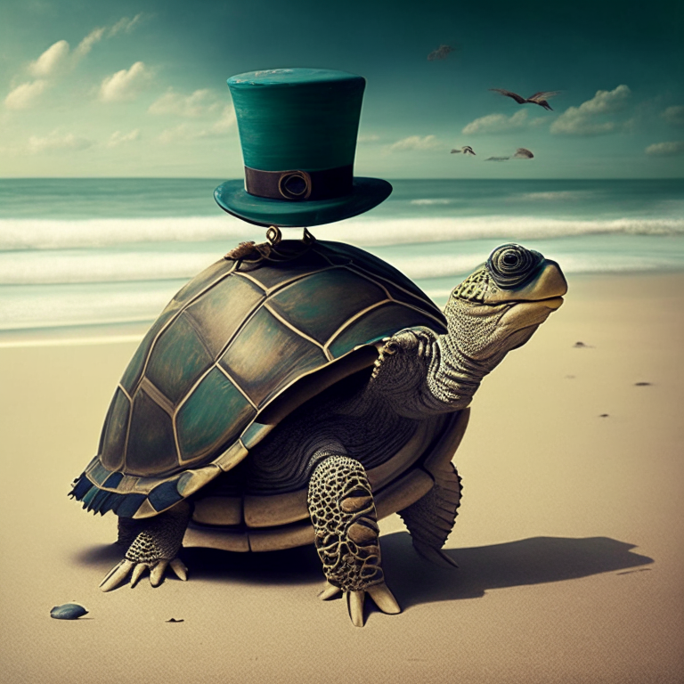 a surrealistic turtle with a clock for a shell, walking on a beach with a top hat and a cane