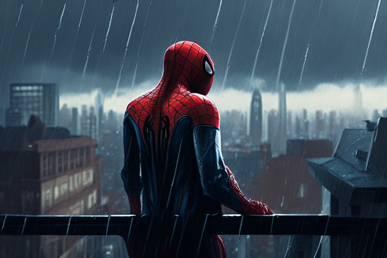 Spiderman standing on a rooftop in the rain, looking out over the city