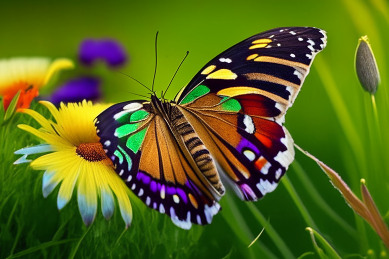 a colorful butterfly resting on a flower in a lush green meadow