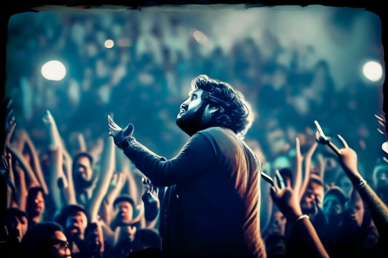 Arijit Singh singing at a concert with a crowd cheering in the background