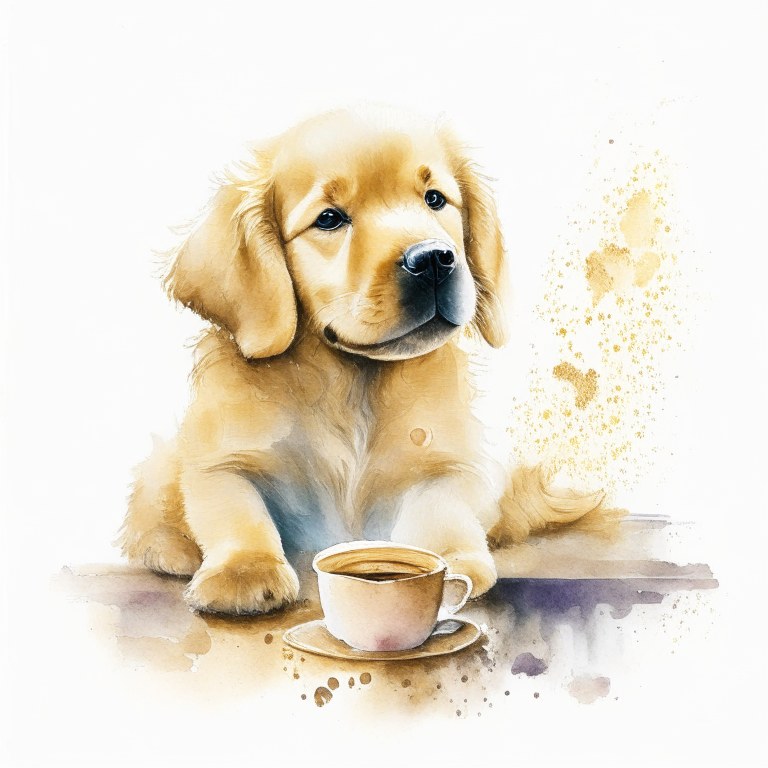 a Golden Retriever puppy drinking a latte with heart-shaped art, painted in watercolor