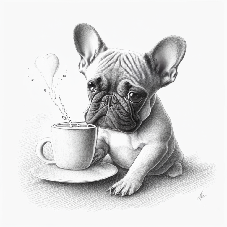 a French Bulldog puppy drinking a latte with heart-shaped art, sketched in pencil