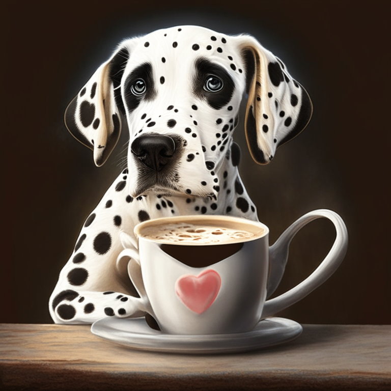 a Dalmatian puppy drinking a latte with heart-shaped art, painted digitally