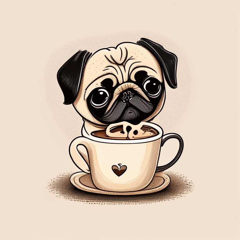 a Pug puppy drinking a latte with heart-shaped art, drawn in a cartoon style