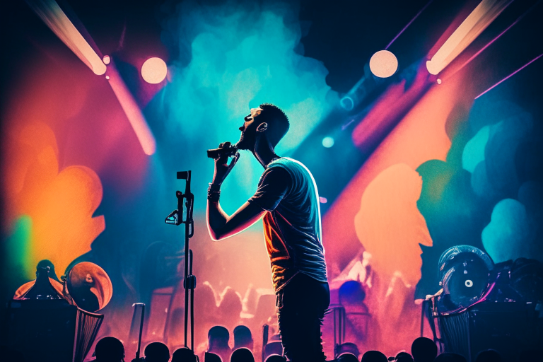 a man holding a microphone in front of a vibrant concert stage