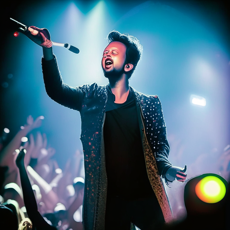 Atif Aslam singing on stage with bright lights and a cheering crowd