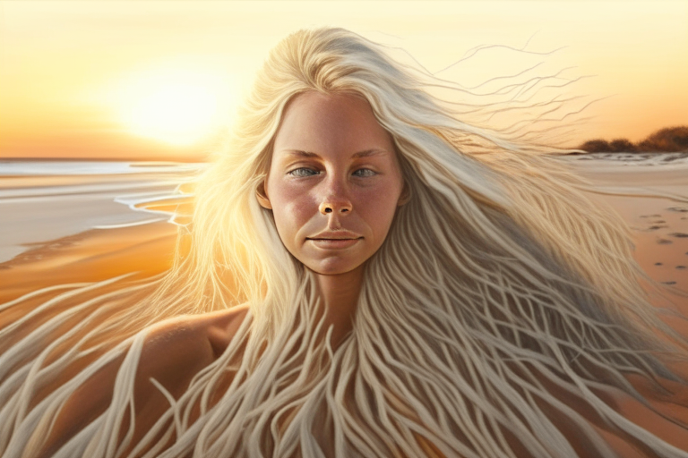 a realistic blonde woman with roots at sunrise on a white sand beach