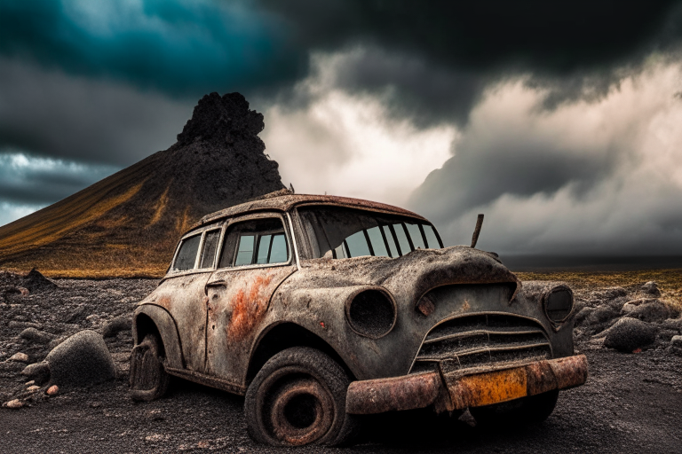 an old rusty car among volcanic rocks with a cloudy sky