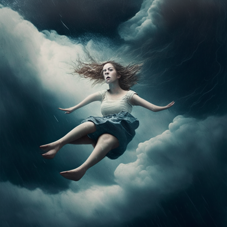 a young woman sitting and floating in the air during a storm