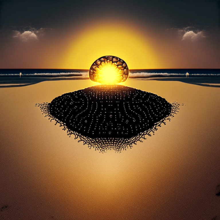 an integrated circuit connected to a person's brain on a black beach with two suns in the sky