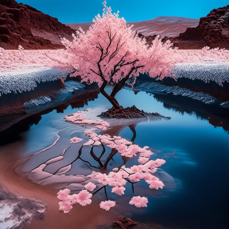an almond tree in bloom inside hot lava in a frozen river in La Plata with palm trees