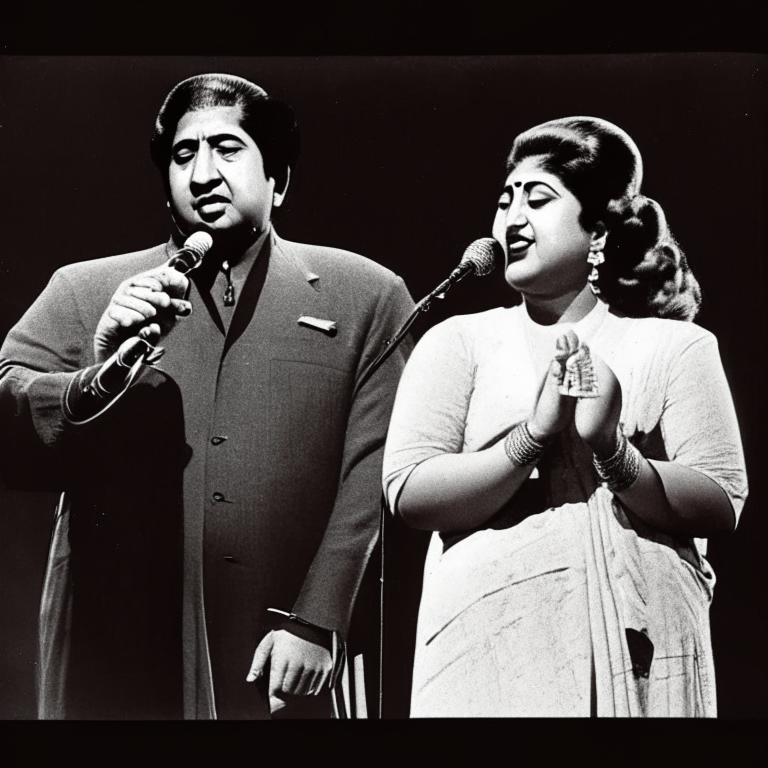 Lata Mangeshkar and Mohammad Rafi singing together on stage with microphones in their hands