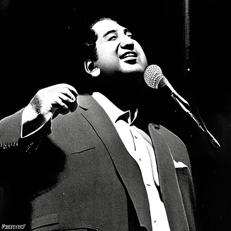 Mohammad Rafi singing on stage with a microphone in his hand