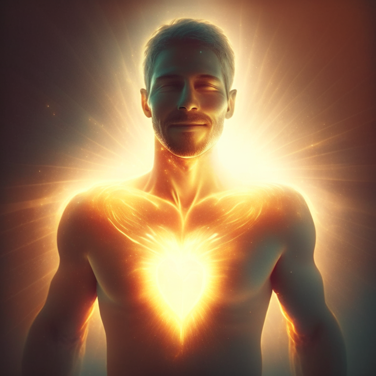 a man with a glowing heart in his chest, surrounded by a bright light