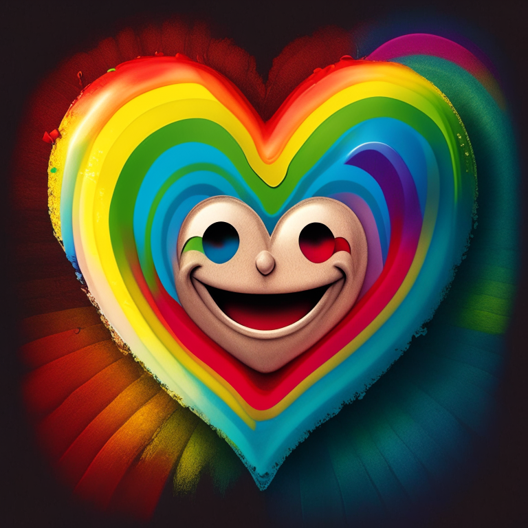 a heart with a smiley face in love with a pericardium, surrounded by a rainbow of colors