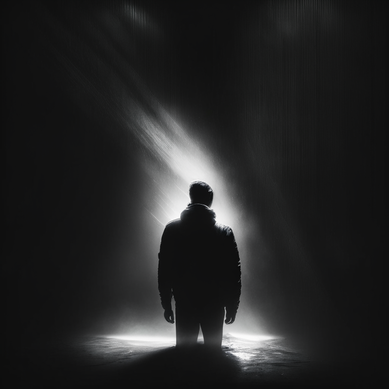 a dark and moody image with streaks of light, featuring a faint glimmer of hope, for the album cover of Understudy, a new electronic music artist