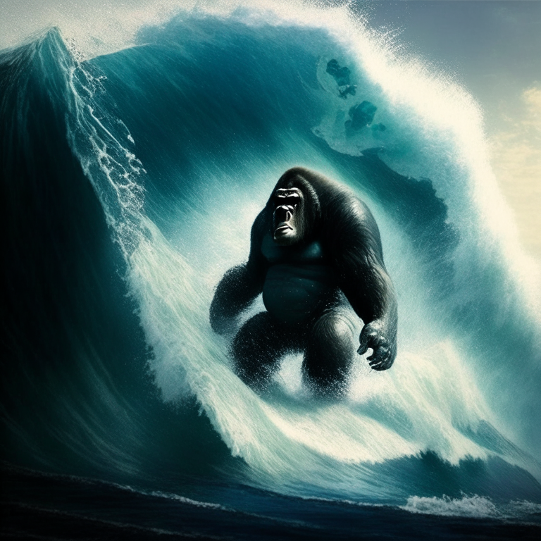 a gorilla surfing on a massive wave in the middle of the ocean