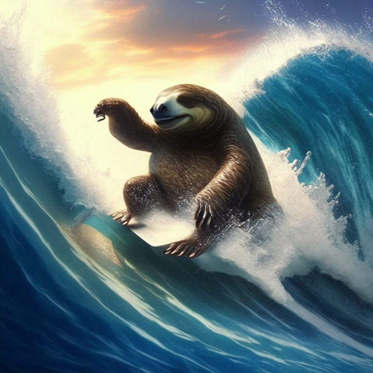 a sloth surfing on a massive wave in the middle of the ocean