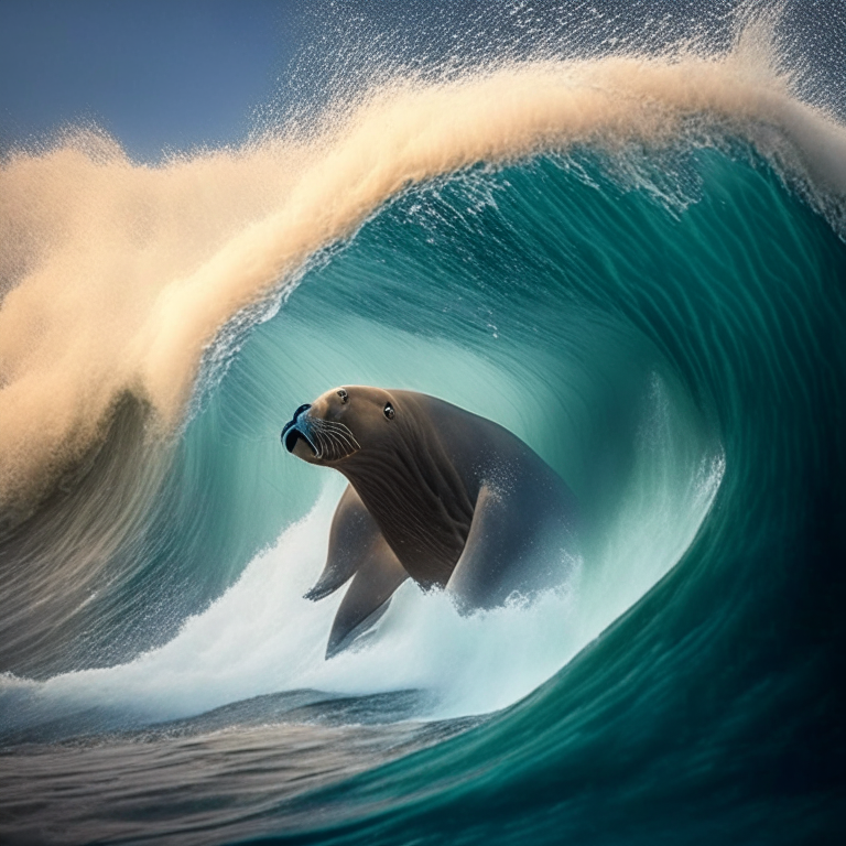 a sea lion surfing on a massive wave in the middle of the ocean