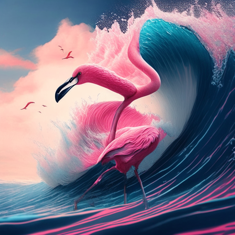 a flamingo surfing on a massive wave in the middle of the ocean