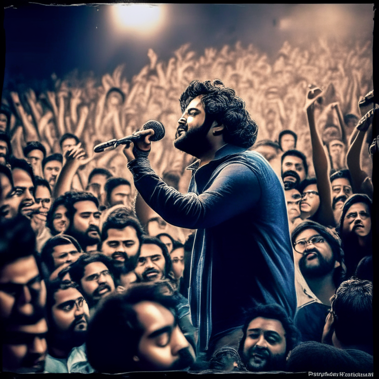 Arijit Singh singing on a stage with a microphone in his hand, surrounded by a large crowd of fans