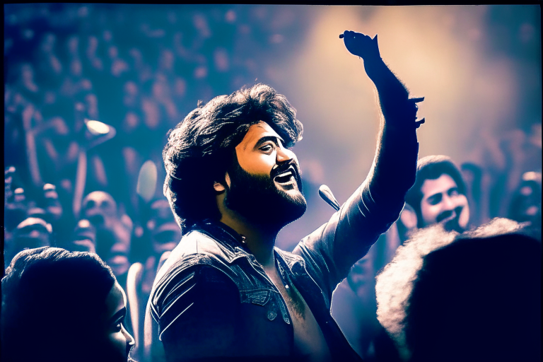 Arijit Singh singing on stage with fans cheering in the background