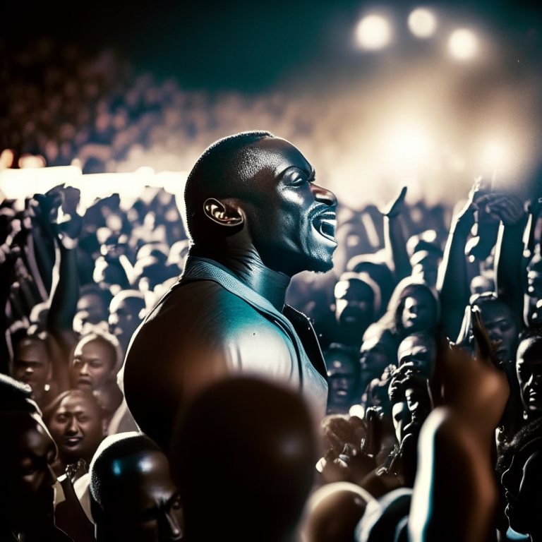 Akon singing at a concert with a crowd of people cheering in the background
