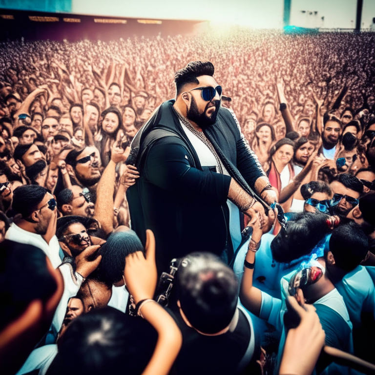 Badshah singing on stage with a microphone in his hand, surrounded by a crowd of fans