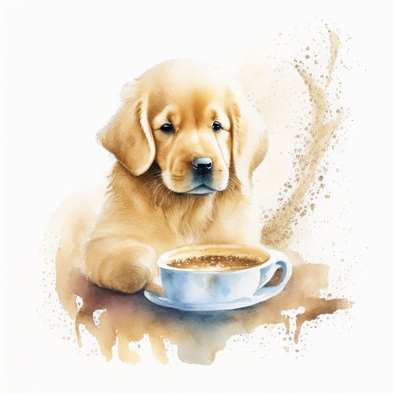 a Golden Retriever puppy drinking a latte with heart-shaped art, painted in watercolor style