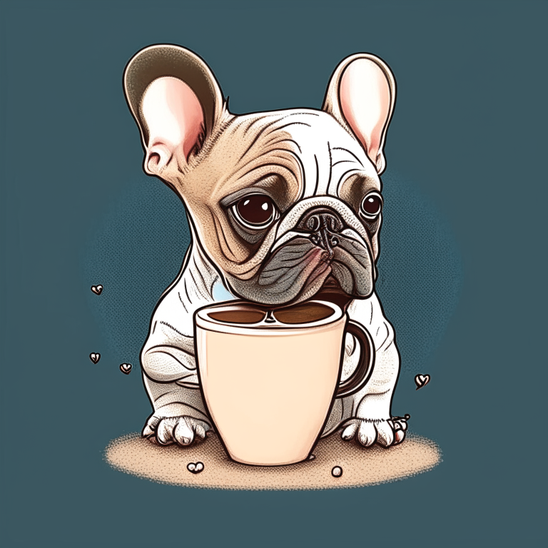 a French Bulldog puppy drinking a latte with heart-shaped art, drawn in a cartoon style