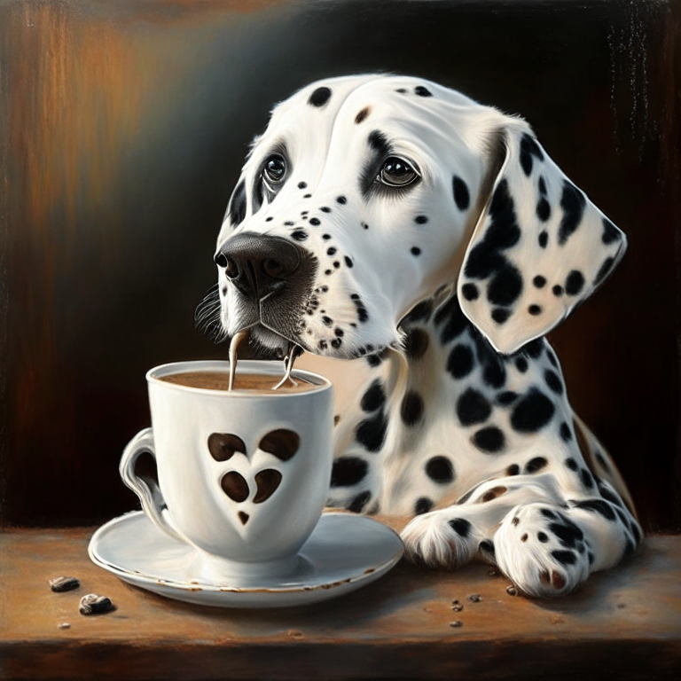 a Dalmatian puppy drinking a latte with heart-shaped art, painted in oil style