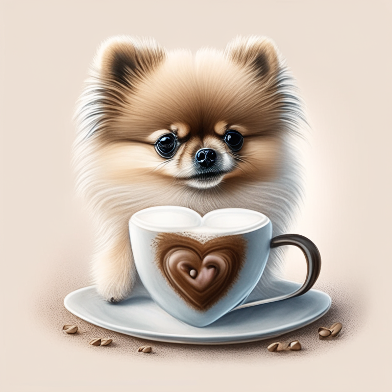 a Pomeranian puppy drinking a latte with heart-shaped art, drawn in a realistic style